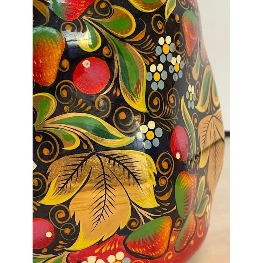 Vintage Russian Khokhloma Hand Painted Lacquer Floral Red Gold Jug Pitcher w Lid - Picture 5 of 16
